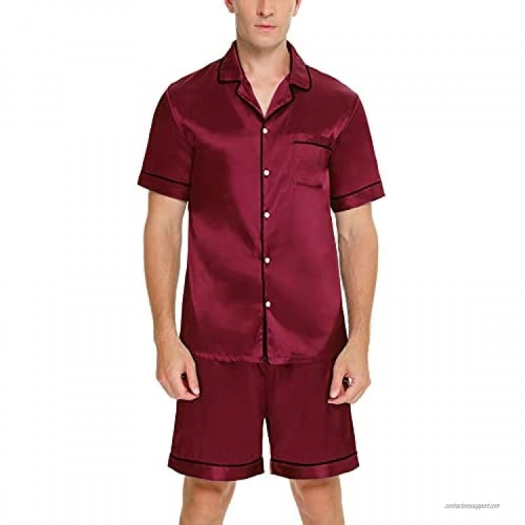 SWOMOG Men Silk Satin Pajamas Sets Short Sleeve Sleepwear Button-Down PJs Sets Two-Pieces Loungewear with Pockets