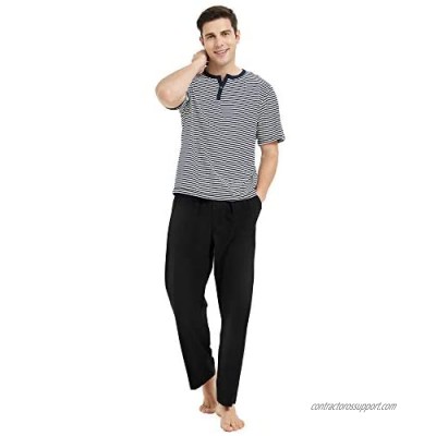 U2SKIIN Mens Cotton Pajama Set  Lightweight Short Sleeve Sleepwear Long Cotton Pajama Bottoms…