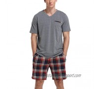 Vlazom Men's Pajama Sets Soft 2 Piece PJ's Set Short Sleeve Cotton Top and Plaid Pants for Loungewear Sleepwear with Pockets