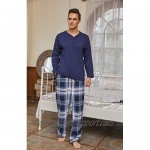 Vulcanodon Mens Cotton Pajama Set Plaid Pajamas for Men Long Sleeve Sleepwear Warm Fleece Pjs Set with Pockets Soft