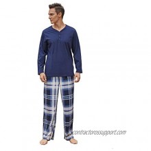 Vulcanodon Mens Cotton Pajama Set  Plaid Pajamas for Men Long Sleeve Sleepwear Warm Fleece Pjs Set with Pockets Soft