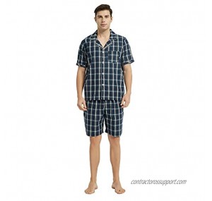 Vulcanodon Mens Cotton Pajama Set Short Sleeve  Button Down Pajama Set for Men Plaid Men's Sleepwear