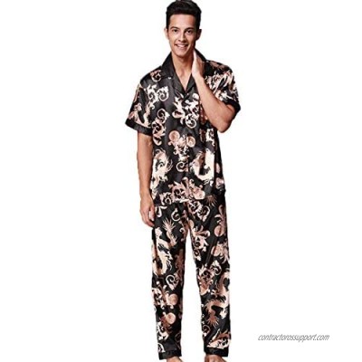 ZUEVI Men's Classic Satin Short Sleeve Pajamas Set Dragon Pattern Loungewear