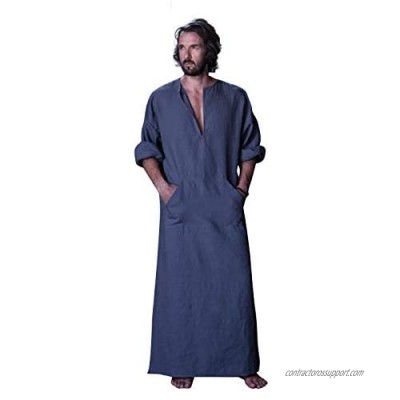 7 VEILS Men’s Natural Linen Robe Casual Caftan Cotton Thobe V Neck Long Gown Kaftan Nightshirt Loungewear…