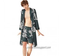 COSOSA Mens Satin Kimono Robe Long Sleeve Bathrobe with Shorts Printed Sleepwear