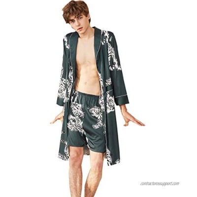 COSOSA Mens Satin Kimono Robe Long Sleeve Bathrobe with Shorts Printed Sleepwear