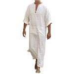Haseil Men's V-Neck Kaftan Robe Roll Up Long Sleeve Line Solid Long Gown Side Split Thobe