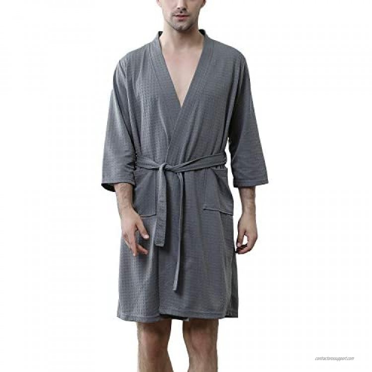 Lu's Chic Men's Waffle Kimono Robe Lightweight Spa Bathrobe Pockets Turkish Hotel Nightgown