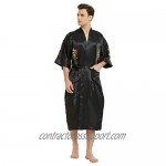 Mens Robe Chinese Silk Embroidered Dragon Pattern Kimono Bathrobe Yukata Pajamas with Waistband and Pockets
