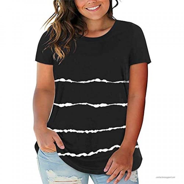 Diukia Women's Plus Size Stripe Color Block Round Neck T Shirts Summer Loose Casual Short Sleeve Tops 1X-5X