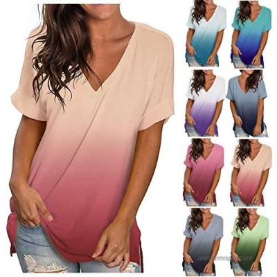 Fankle Womens Casual V Neck T Shirts Roll Up Short Sleeve Loose Solid Color Tunic Casual Plus Size Basic Tees Henley Tops