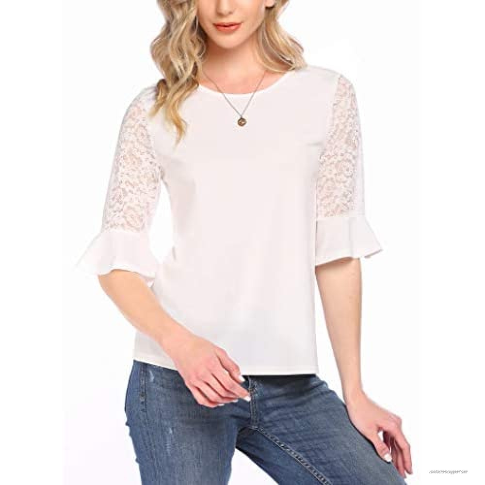 Meaneor 3/4 Sleeve Women Tops and Blouses Round Neck Lace Sleeve T-Shirts for Women S-XXL
