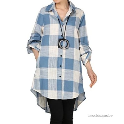 Mordenmiss Women’s Linen Plaid Blouses Loose Button-Down Shirts Roll-up Sleeve Tunic Tops