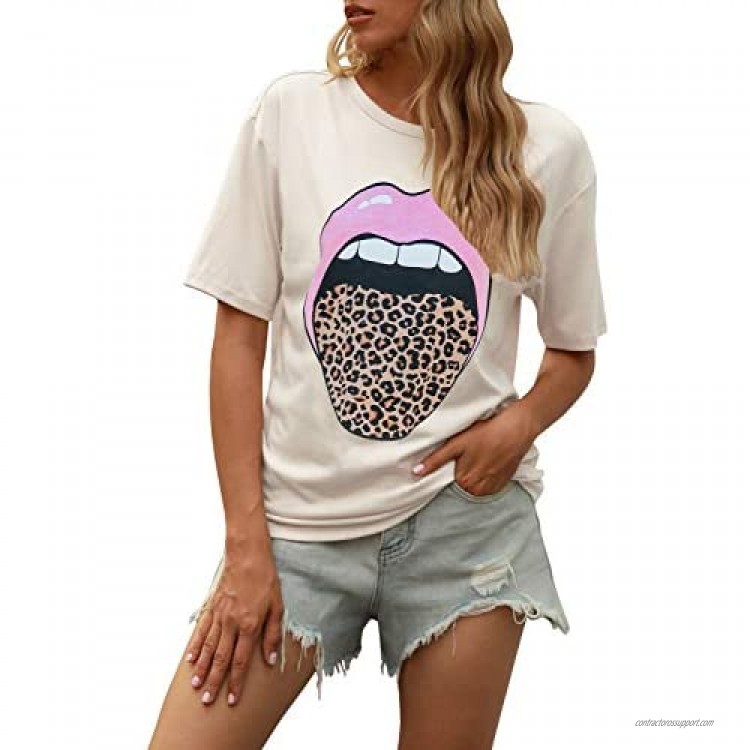 ReachMe Womens Cute Red Lips Leopard Tongue Tees Trendy Cheetah Animal Graphic Printed T-Shirts