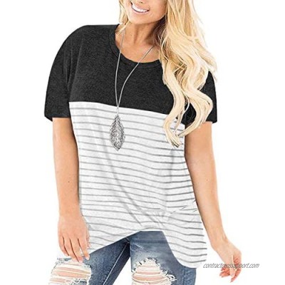 ROSRISS Women's Plus-Size Tops Color Block T Shirts Striped Tee Knotted Tunics