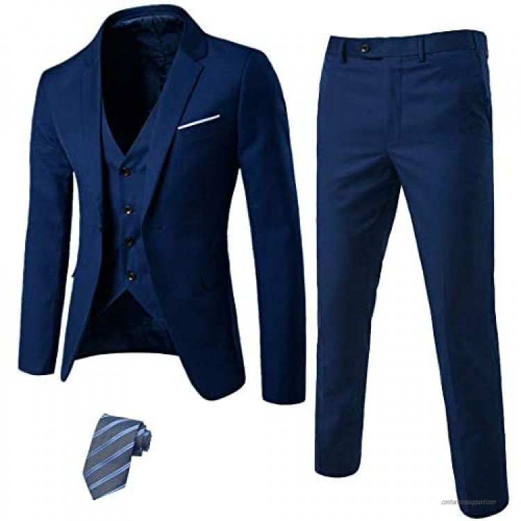MrSure Men’s 3 Piece Suit Blazer Slim Fit Tux with One Button Jacket Vest Pants & Tie Set for Party Wedding and Business