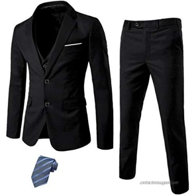 MY'S Men's 3 Piece Slim Fit Suit Set  2 Button Blazer Jacket Vest Pants with Tie  Solid Wedding Dress Tux and Trousers