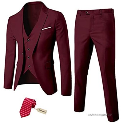 MY'S Men's 3 Piece Slim Fit Suit Set  One Button Solid Jacket Vest Pants with Tie
