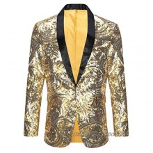 PYJTRL Men's Pink Gold Flower Pattern Wedding Groom Singer Sequins Suit Jacket