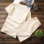 FONMA Men's Baggy Cotton Linen SOID Color Short Sleeve Retro Suit Casual Trousers