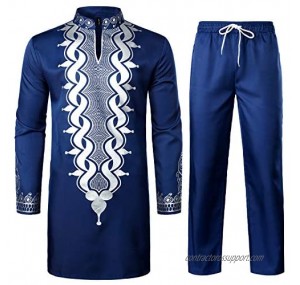 LucMaton Men's African 2 Piece Set Long Sleeve Gold Print Dashiki and Pants Outfit Traditional Suit