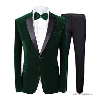 MAGE MALE Men's 2 Piece Suit Peaked Lapel One Button Tuxedo Slim Fit Velvet Blazer Party Dinner Jacket & Pants