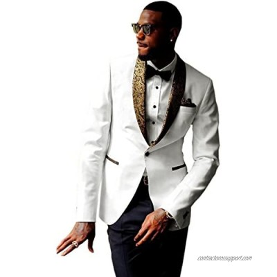 Man Suit Premium Formal Jacquard Gold Paisley Floral Pattern Shawl Lapel Slim Fit Tuxedo White Prom Wedding Groom Suits