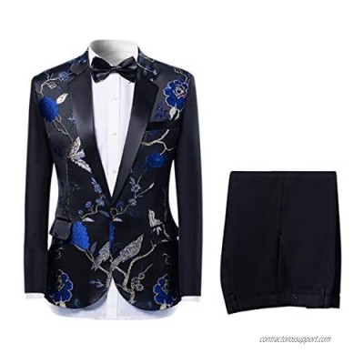 Mens 2-Piece Suits One Button Floral Blazer Dinner Jacket and Pants