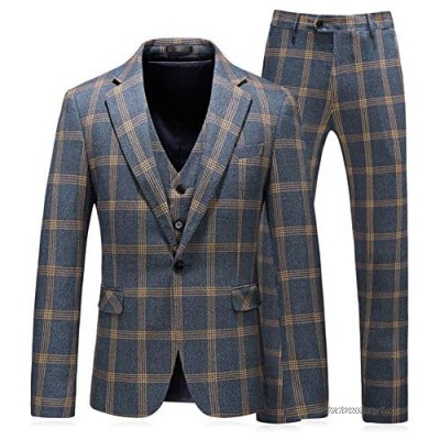 MOGU Mens Plaid 3 Piece Suit Slim Fit Windowpane Party Prom Tuxedo Set