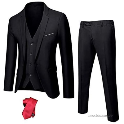 MY'S Men's 3 Piece Solid Suit Set  One Button Slim Fit Jacket Vest Pants with Tie