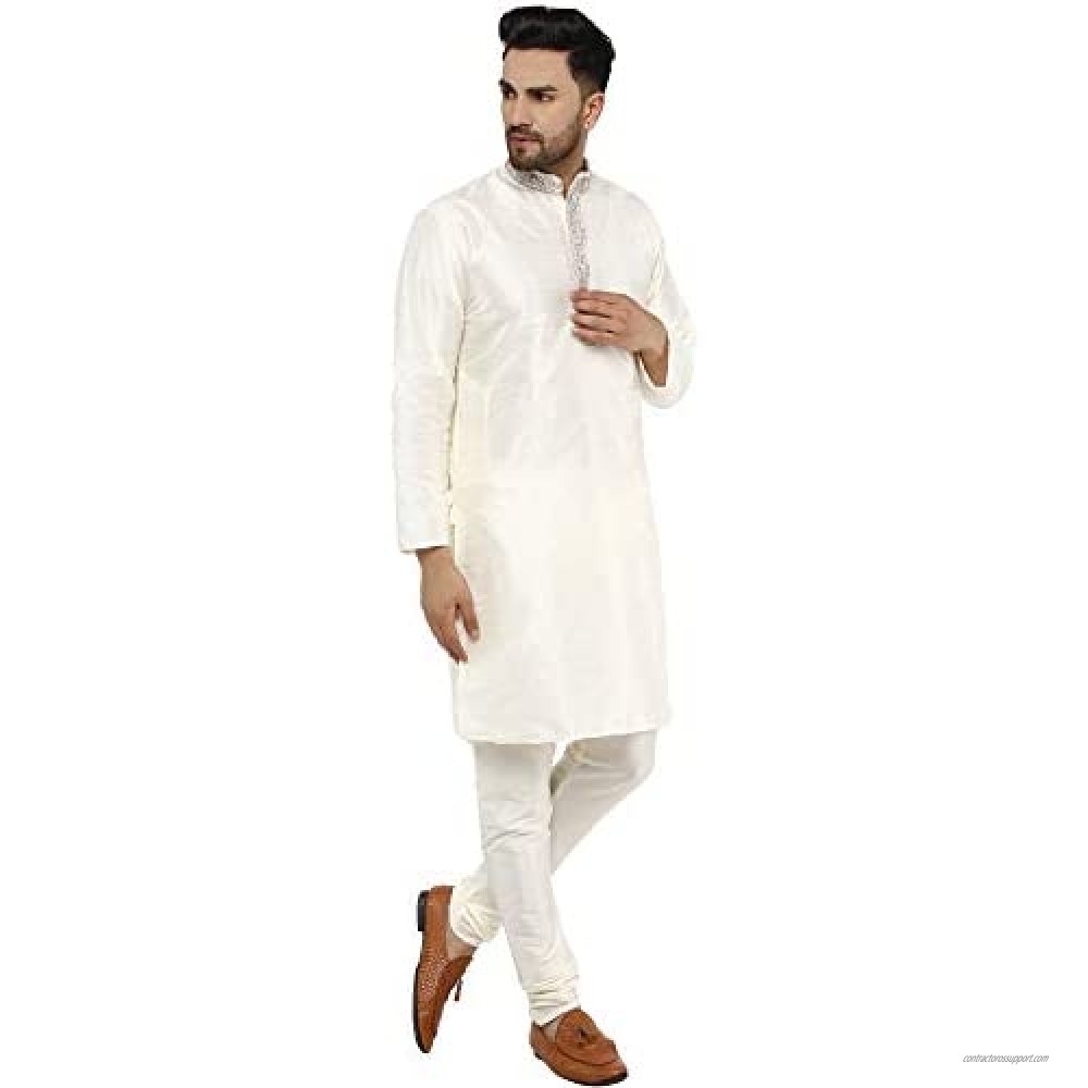 SKAVIJ Mens Tunic Indian Holi Art Silk Kurta Pajama For Wedding Dress Set