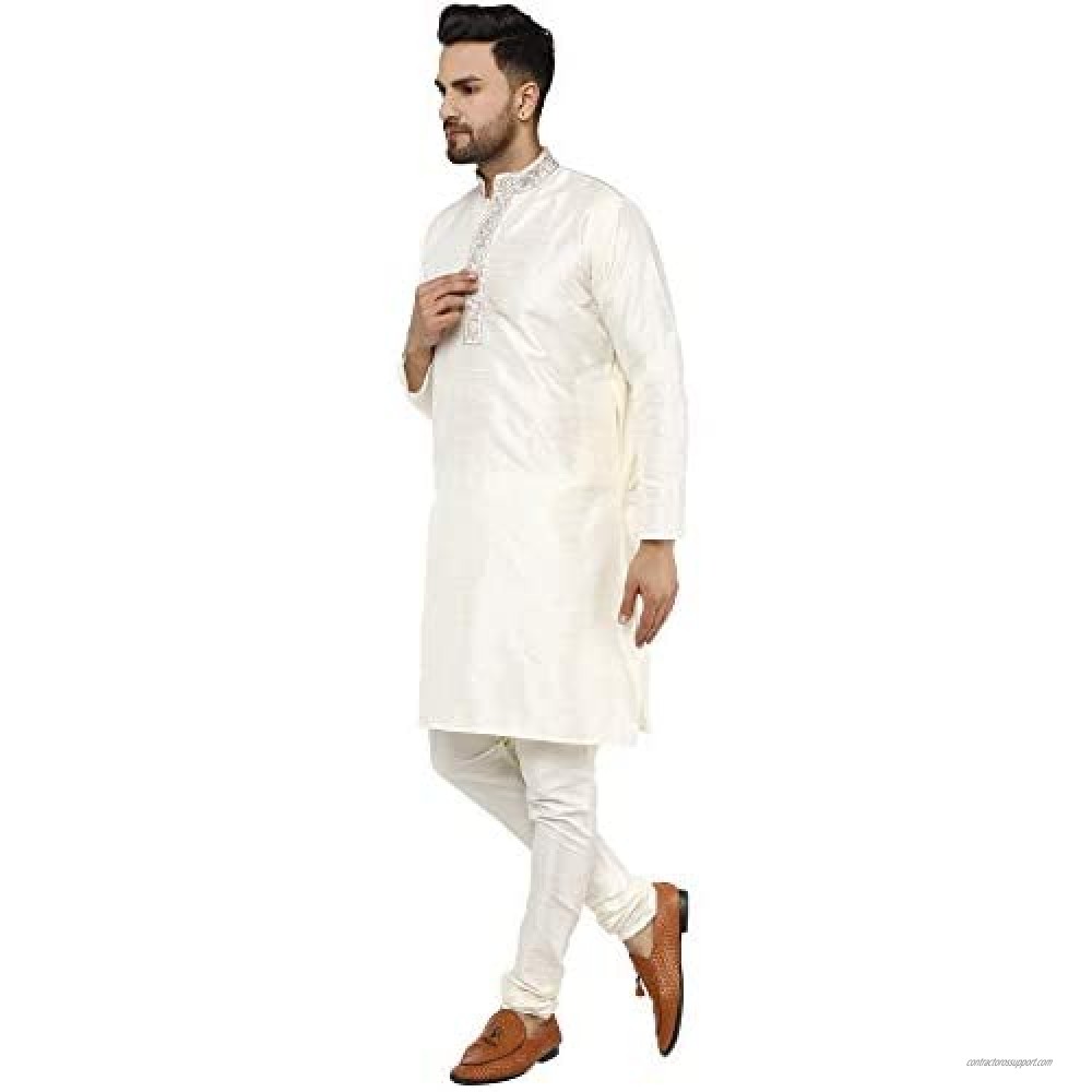 SKAVIJ Mens Tunic Indian Holi Art Silk Kurta Pajama For Wedding Dress Set