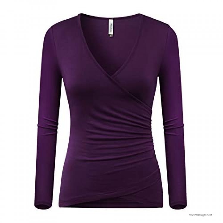 Beauhuty Women's Top Deep V Neck Slim Fitted T-Shirt Front Surplice Wrap Short/Long Sleeve Tees