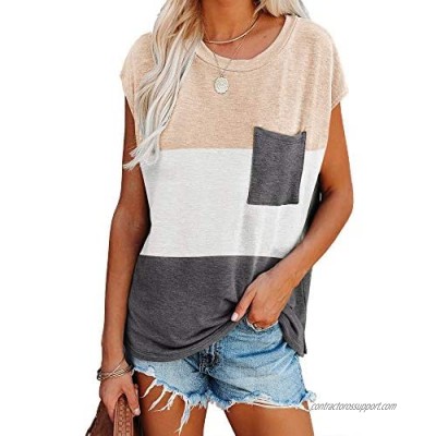 Imily Bela Womens Color Block Cap Sleeve Tshirts Summer Tops Casual Loose Tee Shirts with Pocket