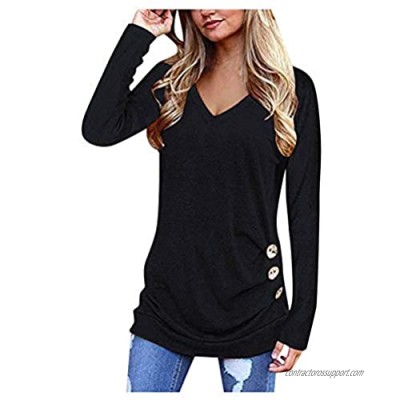 N\C Women's T-Shirts Long Sleeve Loose Button Accessories V Neck Top Pullover