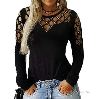 Women Casual Pullover Crewneck Cut Hollow Rhinestone Long Sleeve Loose Fit Top T Shirt