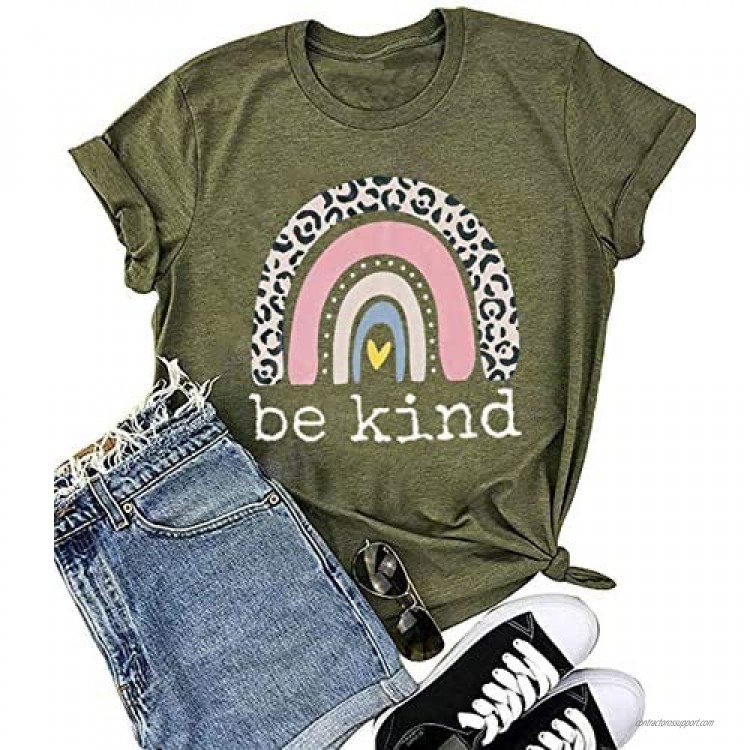 Women's Be Kind T Shirt Cute Graphic Tees Shirt Rainbow Printed Short Sleeve Summer Cotton Tops Shirts
