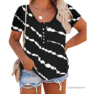 Womens Plus Size Buttons Down Tops Summer Short Sleeve Crewneck Tshirts Loose Casual Tee Shirts