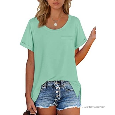 Womens T Shirts Short Sleeve Flowy Tops Summer Solid Color Mock up Pocket Clothes Light Green L