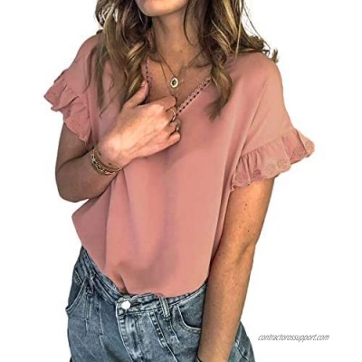 Actloe Womens V Neck Tops Summer Casual Loose Tunic Short Sleeve Shirts Blouses
