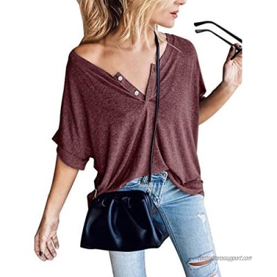Adreamly Women's Casual Off The Shoulder V Neck Tops Short Sleeve Button Up Tunic Loose Fit Blouse