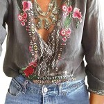 AK Women's Boho Embroidered Tops 3/4 Sleeve Mexican Peasant Shirts Bohemian Loose Tunic Blouses