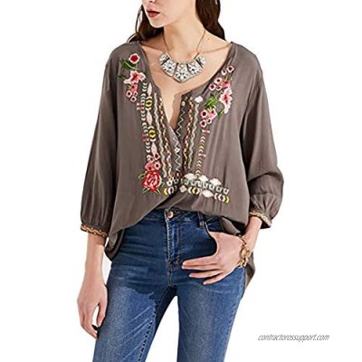 AK Women's Boho Embroidered Tops 3/4 Sleeve Mexican Peasant Shirts Bohemian Loose Tunic Blouses