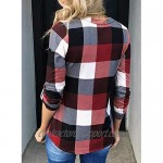 Astylish Womens Casual V Neck Cuffed Sleeves Plaid Shirts Blouses Top