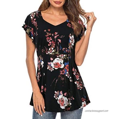 BEPEI Womens Short Sleeve Top Summer Floral Flowy Tunic Shirt Square Neck Blouse