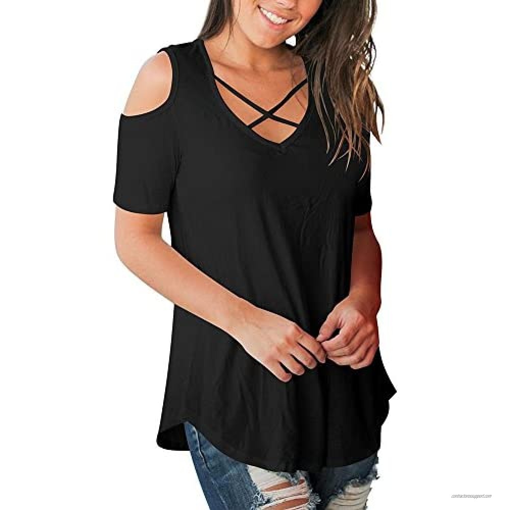 Cold Shoulder Tops Short Sleeve T Shirts V Neck Blouse Casual Criss Cross Tunic