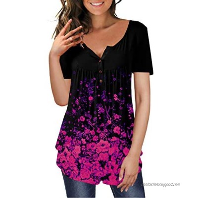 GSFANG Women Floral Tunic Tops V Neck Short Sleeve Button Up Blouse Casual Henley Shirts