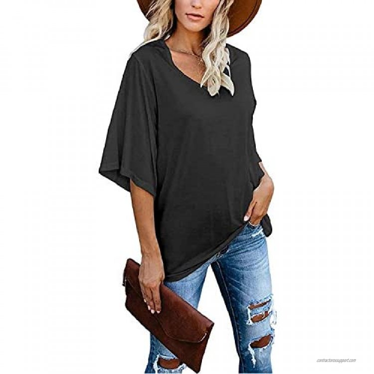 Hount Women's Casual Short Sleeve Blouse Summer Loose Fit Tops V neck Tunic Shirts