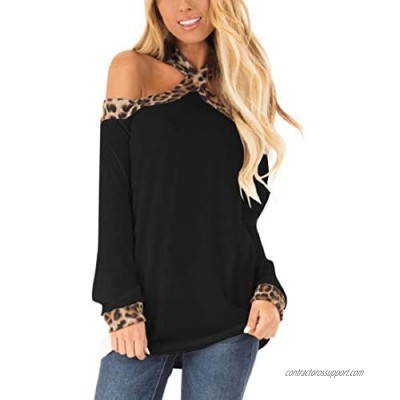 Minclouse Women's Off The Shoulder Long Sleeve Tunic Tops Fall Casual Leopard Print Sexy Blouse Criss Cross Strappy Shirts