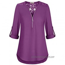 Moyabo Womens Lace Patchwork 3/4 Cuffed Sleeve V Neck Zip Up Chiffon Shirt Casual Blouse Tunic Tops